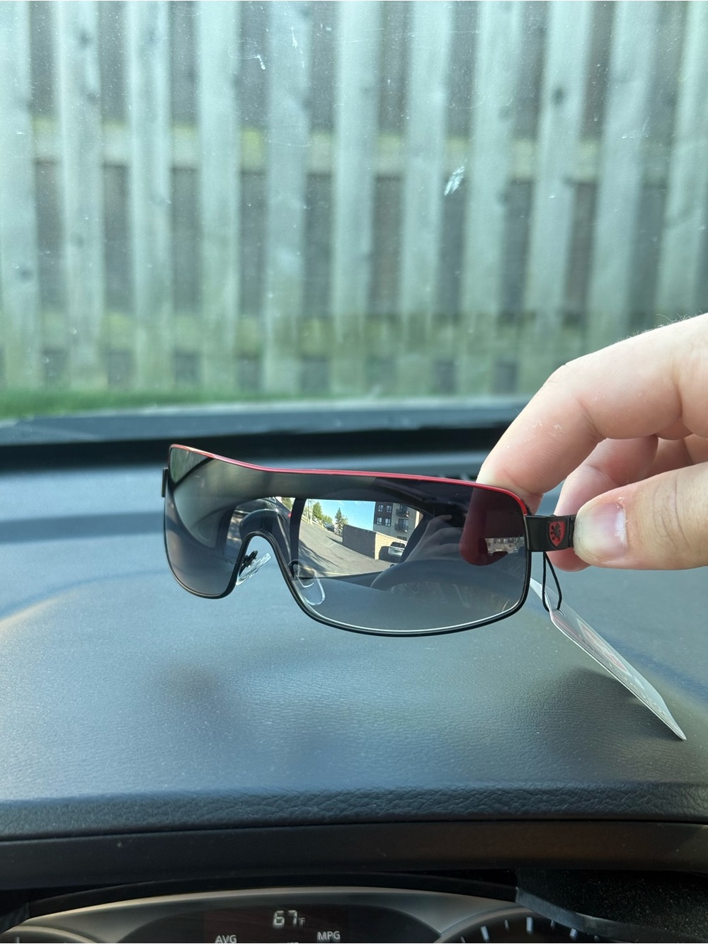 Red and Black Shield-Accent Wrap Sunglasses